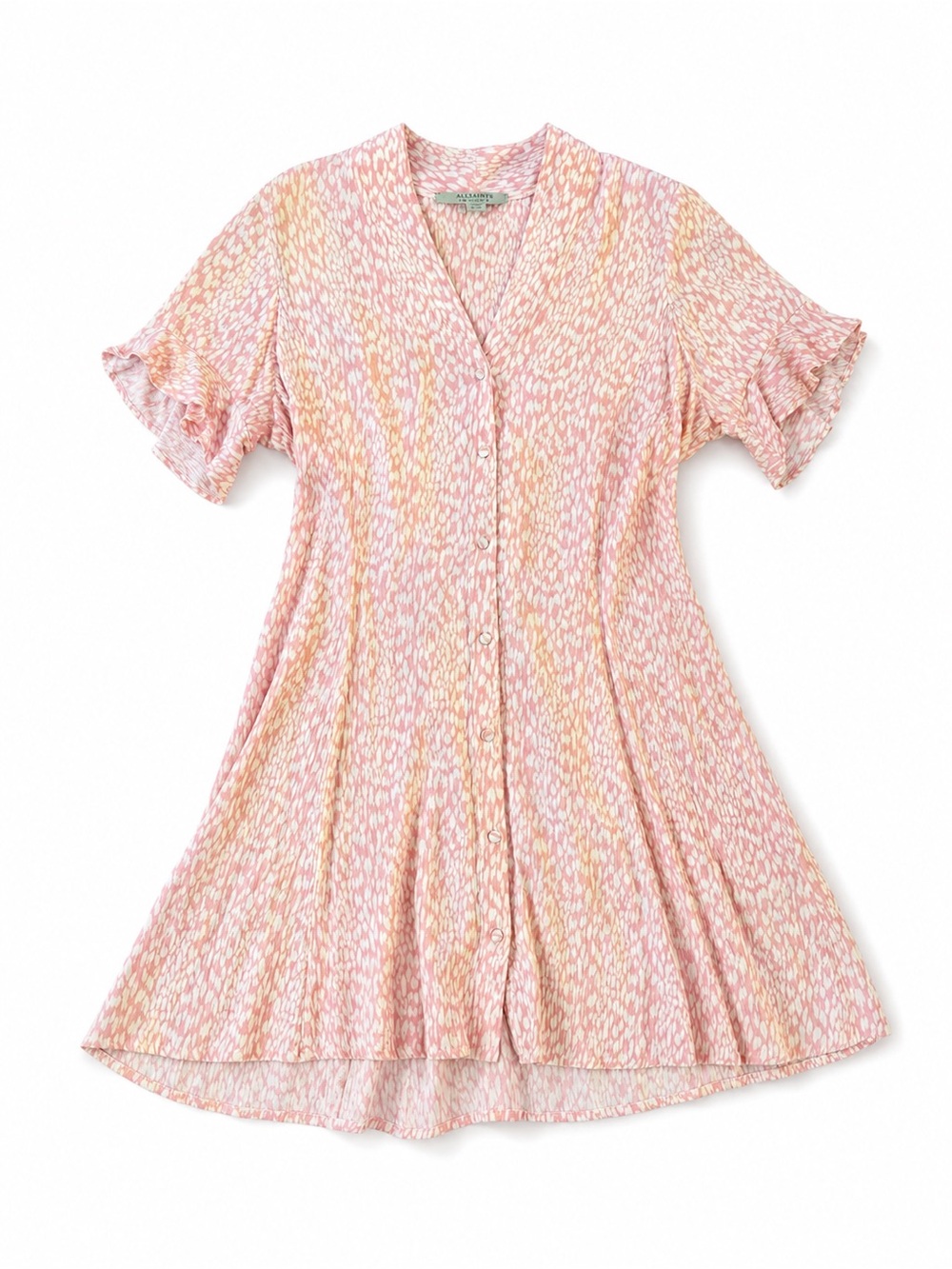 All Saints Fay Light Pink Leopard Print Dress Flutter Sleeve Tie Back Size 2